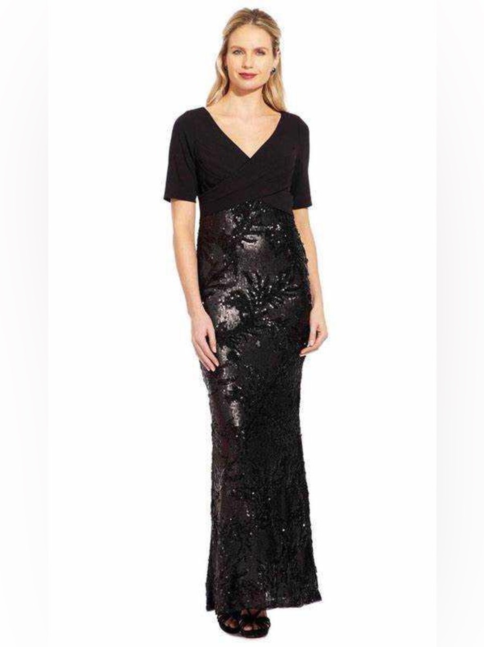 Adrianna Papell Elegant Black Sequin Evening Gown